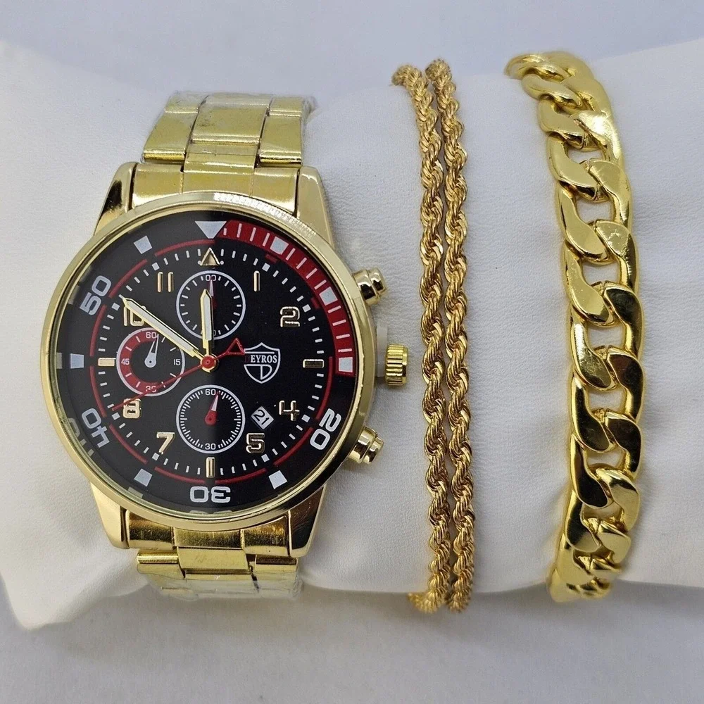 3PC Men's Watch Bracelet Necklace Set 41MM Black Dial Date Gold Bracelet Band 7